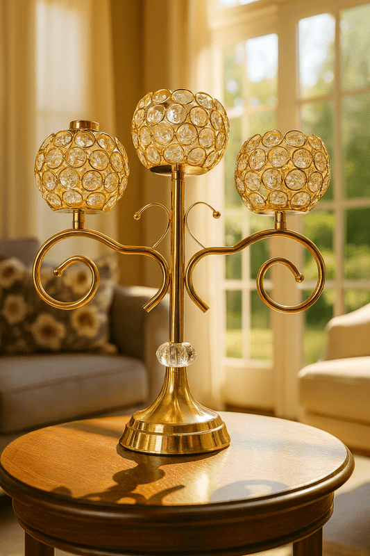 Crystal 3-Head Candle Holder – Elegant Golden Table Centerpiece with Diamond Globe Design 💎✨