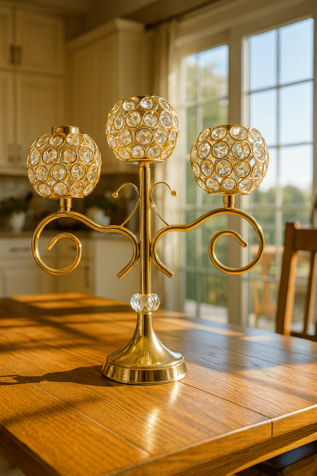 Crystal 3-Head Candle Holder – Elegant Golden Table Centerpiece with Diamond Globe Design 💎✨